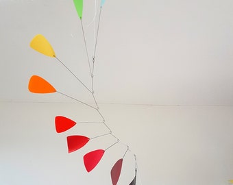 Kinetic modern mobile, red orange yellow, unique one off handmade from recycled plastic by Becky Crawford from Spacefruit