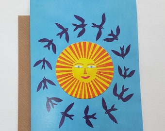 Blank greetings card 133, Swooping Swallows, card with birds and sunshine. From an original collage by Becky Crawford from Spacefruit