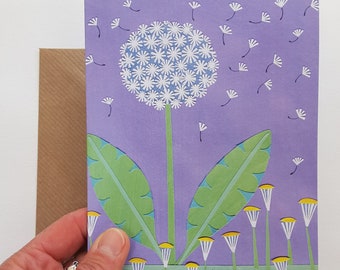 Blank greetings card 124, Fly Away Seeds, from an original collage by Becky Crawford from Spacefruit