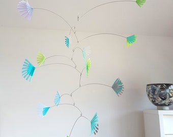 Modern Kinetic mobile, one of a kind, blue green turquoise, handmade by Becky Crawford from Spacefruit from upcycled plastic bottles