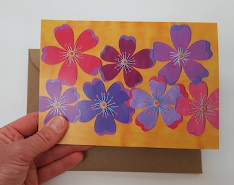 Blank greetings card 125, Hot Flowers, birthday card, from original artwork by Becky Crawford from Spacefruit