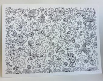 Giclee print of original artwork, black ink line drawing of abstracted tree, faces, birds, flowers, tree of life.