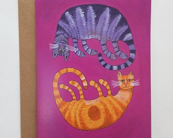 Blank greetings card 128, tabby cats, ginger cat, grey tabby cat, from an original painting by Becky Crawford from Spacefruit