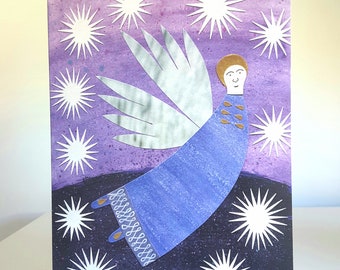 Blank greetings card, Angel and Stars card. From original artwork by Becky Crawford from Spacefruit