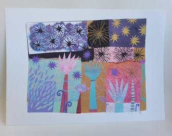 Giclee print of original mixed media collage artwork, trees, stars, stylised images, A4 print, Becky Crawford, Spacefruit