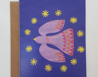 Blank greetings card 122, bird of peace, from original artwork by Becky Crawford of Spacefruit