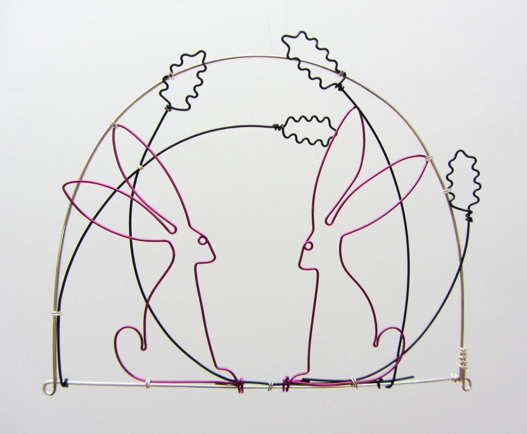 Wire Drawing Hares / Rabbits Among Flowers Wall Hanging / Wire Wall ...