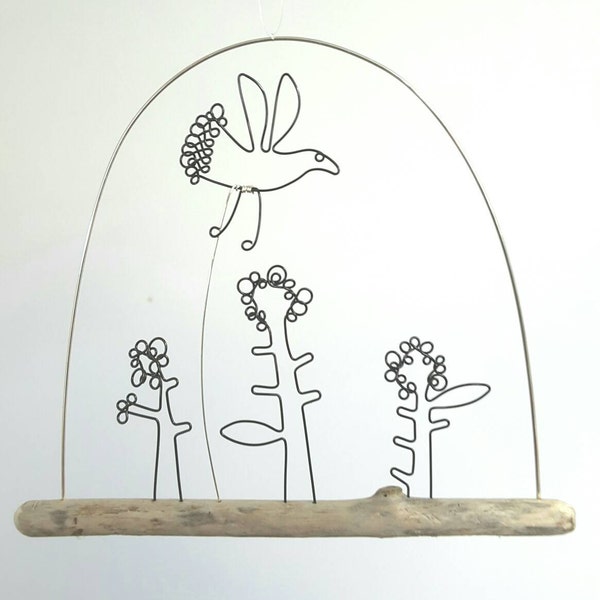 Flying bird and flowers on driftwood base - wall hanging - home decor - wire sculpture - wire drawings - driftwood art - wire art - doodle