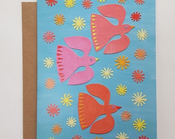 Blank greetings card 127, Migration, greetings card with birds for birthday or any occasion. From an original collage by Becky Crawford