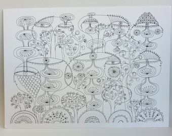 Giclee print of original black ink line drawing, unframed, A4, with a 1970s feel.