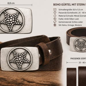 Könnte beinhalten: Ein brauner Ledergürtel mit einer silberfarbenen Schnalle mit Stern-Design. Die Schnalle misst 8,8 x 5,5 cm. Der Gürtel ist im Boho-Stil gehalten.
