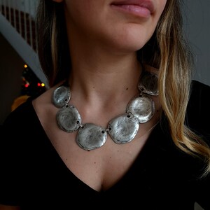 Round Metal Patch Tile Necklace, Abundant Modern Silver Statement Choker, Unique Women Gift - C1160