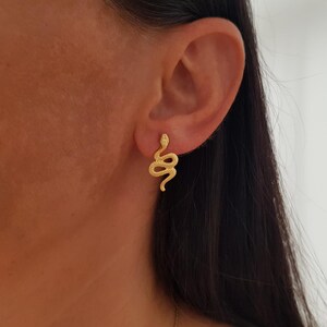 Puede incluir: Un pendiente de botón dorado con forma de serpiente enroscada. El pendiente presenta una superficie texturizada con una cabeza detallada y una cola curva, colocado de forma segura en el lóbulo de la oreja con un cierre de presión.