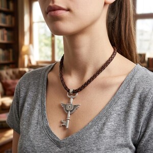 Könnte beinhalten: Eine Halskette aus braunem, geflochtenem Lederband mit einem silberfarbenen Metallanhänger in Form eines Skelettschlüssels. Der Schlüsselanhänger hat ein kreisförmiges Oberteil mit einem kleinen Detail und zwei symmetrische Flügel.