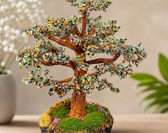 手作りのビーズ細工の生命の樹の彫刻｜カラフルな盆栽の樹の装飾｜ワイヤーツリーアート｜ユニークなホームデコレーションギフト｜デスク装飾