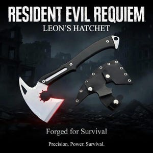 May include: A metal hatchet with a silver blade and a black handle, accompanied by a black sheath. The text RESIDENT EVIL REQUIEM LEON'S HATCHET, Forged for Survival, and Precision. Power. Survival. is displayed in white against a dark background.
