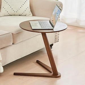 C-Shaped Solid Wood End Table for Couch Round Handmade Side Table Slides Under Sofa Bed Small Spaces