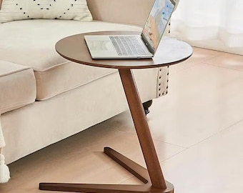 C-format sidobord i massivt trä för soffa Runt handgjort sidobord Utdragbart under bäddsoffa Små utrymmen