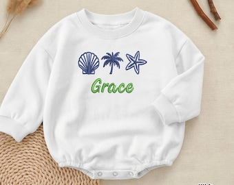 Pelele personalizado bordado para la playa, conjunto de bebé personalizado para vacaciones de verano con nombre, pelele con palmeras, conchas y estrellas de mar para regalo de niña adorable.