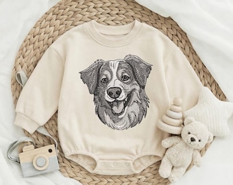 Mignon berger australien brodé barboteuse pour bébé, barboteuse bébé amoureux des chiens, tenue pour bébé portrait d'animal de compagnie, barboteuse bébé chien souriant.