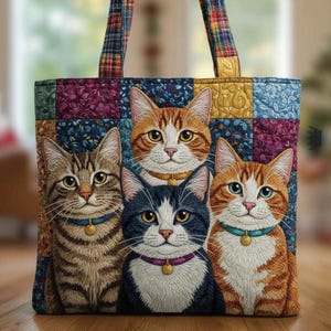 Quilted Tote Bag, Patchwork Kitten Handbag, Multi Cat Shoulder Bag, Animal Purse