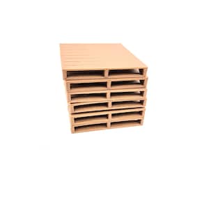 May include: A stack of five light brown miniature shipping pallets. Each pallet features a flat top surface with horizontal slats and a base structure with three support blocks, creating a uniform, layered appearance in a light tan color.