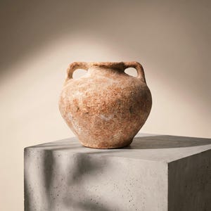 以下が含まれることがあります： 2つの取っ手が付いた素朴なテラコッタ色の花瓶。器の質感のある表面は、柔らかくニュートラルな背景を持つ灰色のコンクリートブロックの上にあります。花瓶は丸みを帯びたボディと広い開口部を持っています。