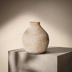 May include: A beige, textured ceramic vase with a rounded body and narrow neck. The vase sits on a gray concrete block, with a neutral background. The vase has a rustic, handcrafted appearance, suitable for home decor.