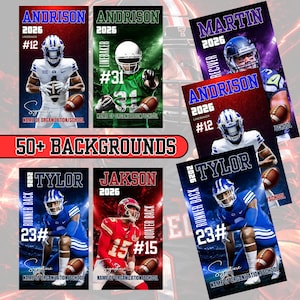 Peut inclure: Plusieurs bannières de football personnalisées avec des noms de joueurs, des numéros et des informations d'équipe. Les bannières présentent des athlètes en action, avec des couleurs vives et le texte "50+ BACKGROUNDS". Chaque bannière comprend le nom, l'année et le poste du joueur.