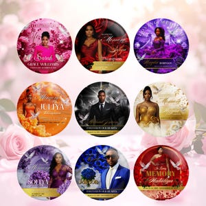 May include: Nine circular memorial keepsakes, each with a portrait, name, and dates. Designs include floral and dove motifs, with text like "In Loving Memory". The keepsakes have a glossy finish. Measurements are not applicable.