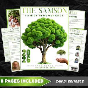 May include: A family remembrance announcement with a large green tree graphic. The text reads "The Samson Family Remembrance" and includes the date "October 05, 2026". Additional pages are included, with the text "8 Pages Included".