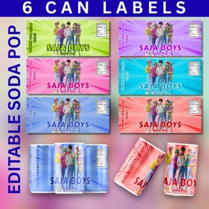 Könnte beinhalten: Sechs Soda-Dosenetiketten mit dem Text "SAJA BOYS Soda Pop" in verschiedenen Farben, darunter Grün, Rosa, Blau und Rot. Die Etiketten zeigen eine Gruppe von Personen und den Satz "THANKS FOR BEING HERE!"