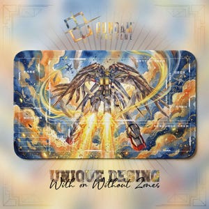 May include: Rectangular Gundam card game playmat with a detailed illustration of a Gundam robot with wings, set against a backdrop of clouds and flames. The mat includes labeled zones and the text "UNIQUE DESIGN With or Without Zones".