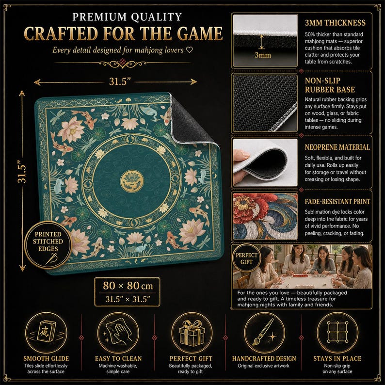 Teal Koi Lotus Pond Mahjong Mat — Chinoiserie Mah Jongg Mat 31.5" Hostess Gift