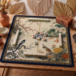 May include: A rectangular mahjong mat featuring a cream-coloured surface with a traditional East Asian floral and bird print, including a magpie and chrysanthemums. The mat has a dark blue border and is arranged with several white mahjong tiles.