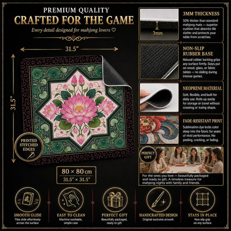 Pink Lotus Mahjong Mat — Leopard Border Mah Jongg Mat 31.5" Statement Gift