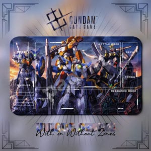 May include: A rectangular Gundam Card Game playmat featuring a vibrant illustration of multiple mecha robots in a battle scene. The mat includes white outlined game zones labeled Battle Area, Deck, Trash, Shields, Resource Deck, and Resource Area.