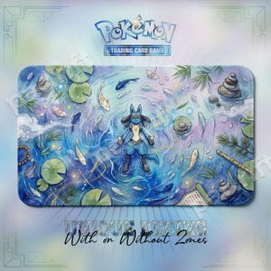 Puede incluir: Un tapete de juego rectangular con el logotipo de Pokémon Trading Card Game en la parte superior. El diseño muestra al personaje Lucario flotando en un estanque azul rodeado de peces koi, nenúfares, piedras apiladas, bambú y grullas de papel.