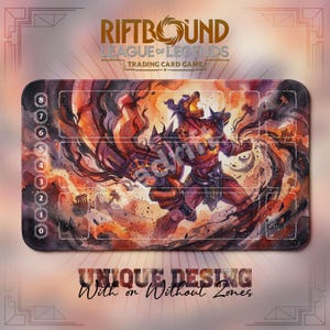 May include: A rectangular playmat for the Riftbound League of Legends trading card game featuring a vibrant watercolor illustration of a roaring, muscular creature surrounded by flames and dark smoke, with numbered zones from zero to eight.