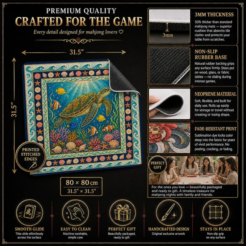 Sea Turtle Mahjong Mat — Coral Reef Mah Jongg Mat 31.5" Beach Hostess Gift