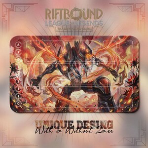 May include: A rectangular playmat for the Riftbound League of Legends trading card game featuring a central illustration of a dark, armored mechanical creature surrounded by orange and red flames. The mat includes a numbered column from 0 to 8.