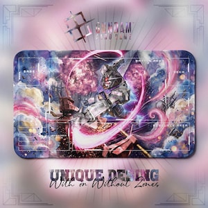May include: A rectangular Gundam card game playmat with a vibrant design. The mat features a detailed illustration of a Gundam robot in action, set against a backdrop of a futuristic cityscape and swirling clouds. Text includes "Gundam Card Game" and "Unique Design".