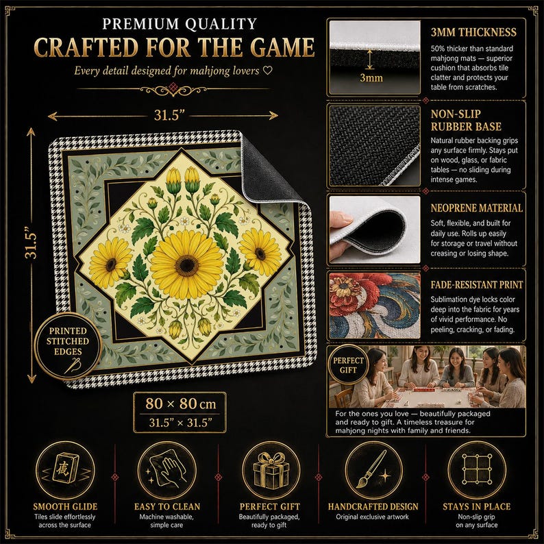 Yellow Daisy Mahjong Mat — Houndstooth Mah Jongg Mat 31.5" Preppy Gift
