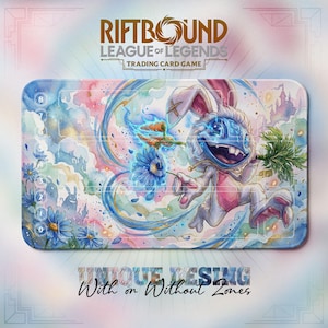 May include: A rectangular playmat for the Riftbound League of Legends Trading Card Game featuring a watercolor illustration of a white rabbit-like creature holding a carrot and blue flower. The mat includes numbered zones from zero to eight.