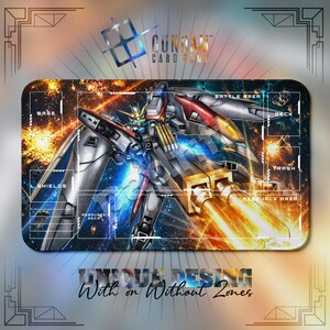 May include: A rectangular Gundam Card Game playmat featuring a central illustration of a robotic figure against a cosmic background. The mat includes designated zones labeled Base, Battle Area, Deck, Trash, Shields, and Resource Area in white text.