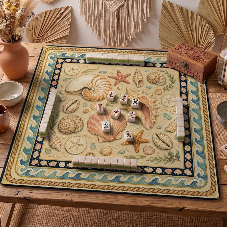 Seashell Mahjong Mat — Coastal Beach Mah Jongg Mat 31.5" Beach House Gift