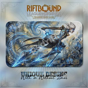 May include: Riftbound League of Legends trading card game playmat. The mat features a dynamic illustration of a character in black and blue tones, with a cityscape and floral accents. The mat has numbered zones and the text "UNIQUE DESING With or Without Zones".