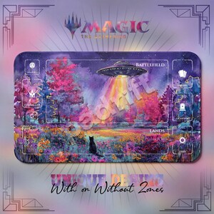 May include: A rectangular Magic: The Gathering playmat featuring a vibrant, colourful forest scene with a black cat sitting in a field of flowers under a UFO. The design includes designated zones labelled Battlefield, Lands, Library, Graveyard, and Exile.