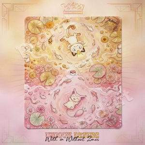 May include: A square mousepad featuring a whimsical illustration of two Pokemon characters in a pond with koi fish, lily pads, and flowers. The design is in soft pink and yellow tones, with the text "UNIQUE DESIGN With or Without Zones".