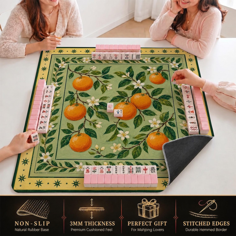 Orange Citrus Mahjong Mat — Mediterranean Mah Jongg Mat 31.5" Hostess Gift